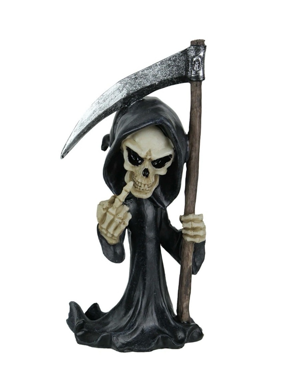 Grim Reaper Skeleton Figurine with Scythe - Black and Bone - Flipping the bird